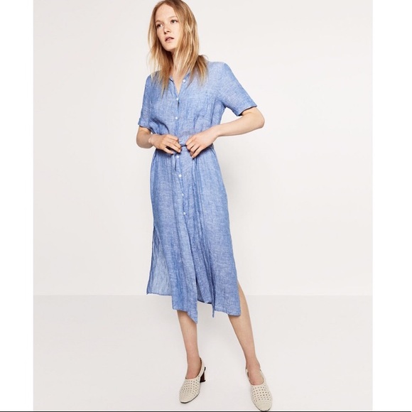 blue linen midi dress